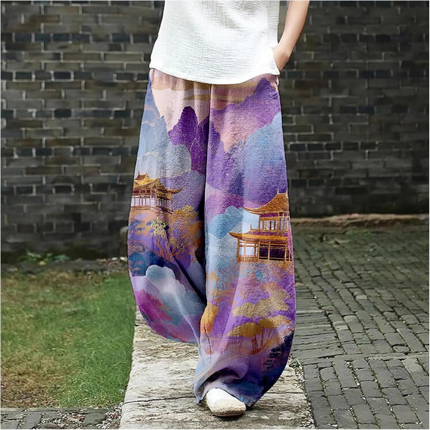MARSVOVO Baggy Sweatpants for Women Harem Wide Leg Pants Woman Landscape Oil Painting Print Casual Pants with Pockets