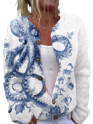 MARSVOVO Open Cardigan for Women Novelty Crane Octopus Print Vintage Japanese Art Button Down Knit Casual Coat