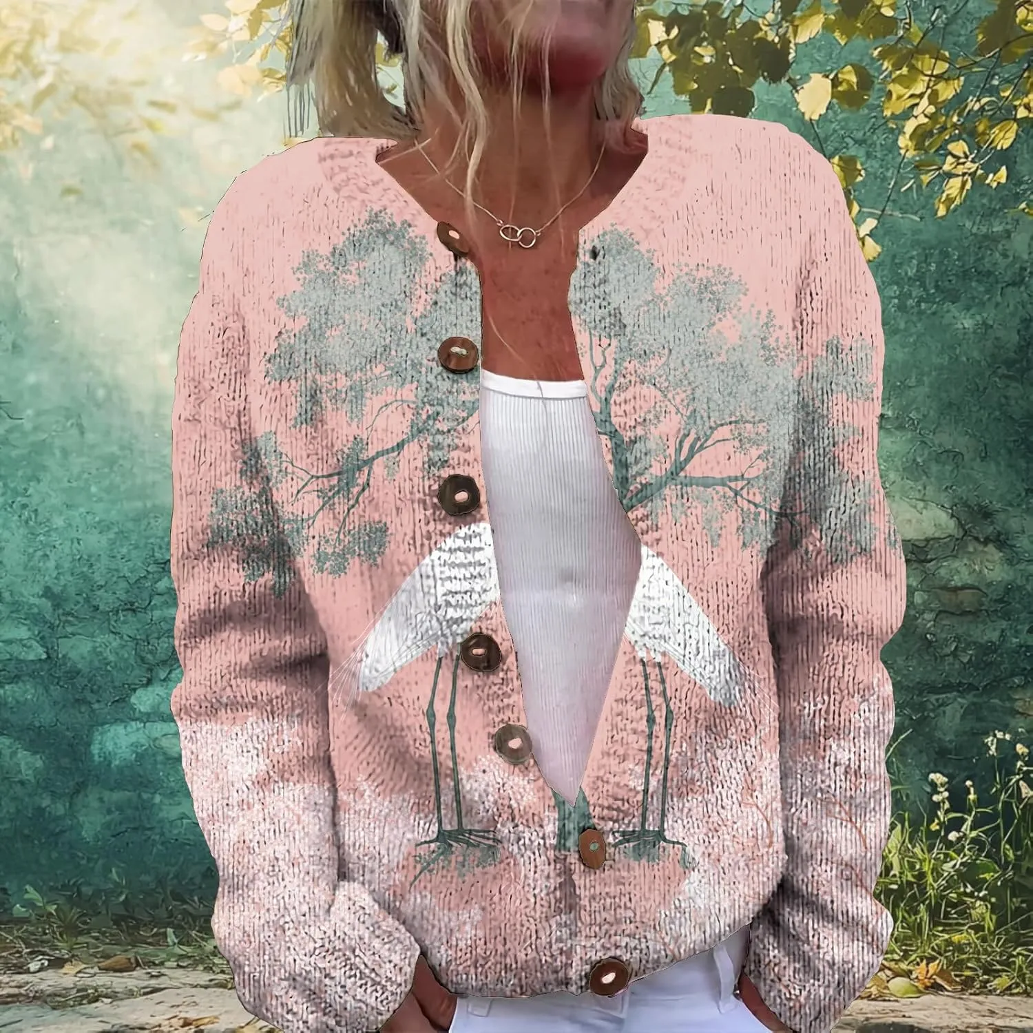 MARSVOVO Open Cardigan for Women Novelty Crane Octopus Print Vintage Japanese Art Button Down Knit Casual Coat