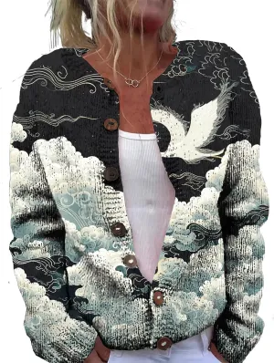 MARSVOVO Open Cardigan for Women Novelty Crane Octopus Print Vintage Japanese Art Button Down Knit Casual Coat