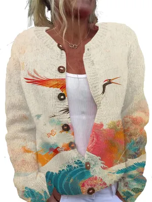 MARSVOVO Open Cardigan for Women Novelty Crane Octopus Print Vintage Japanese Art Button Down Knit Casual Coat