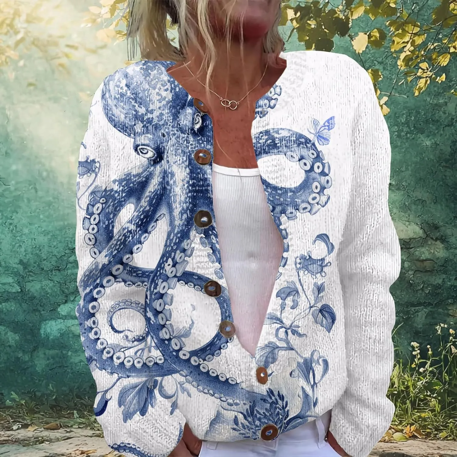 MARSVOVO Open Cardigan for Women Novelty Crane Octopus Print Vintage Japanese Art Button Down Knit Casual Coat