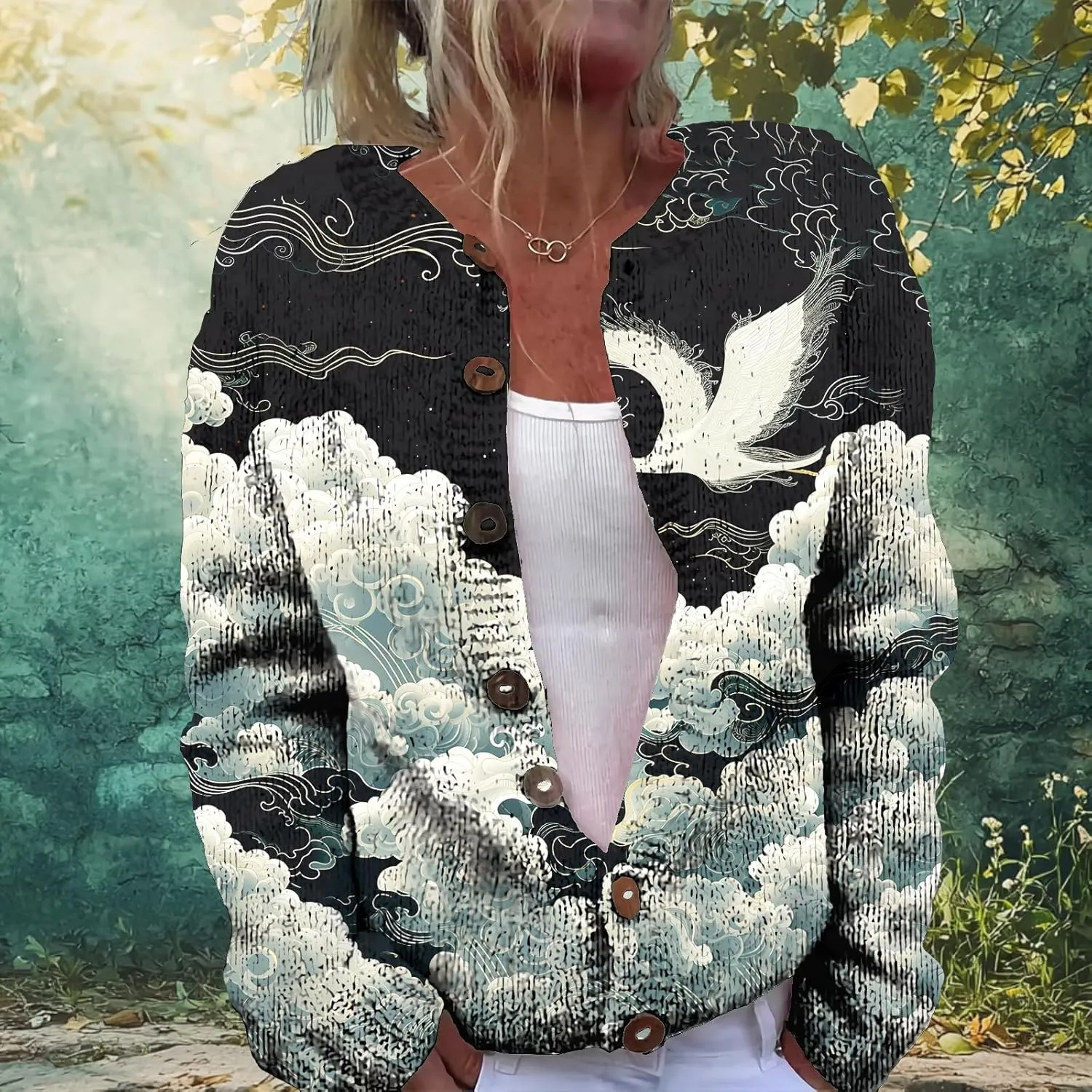 MARSVOVO Open Cardigan for Women Novelty Crane Octopus Print Vintage Japanese Art Button Down Knit Casual Coat
