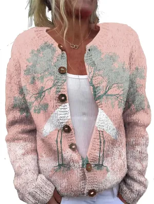 MARSVOVO Open Cardigan for Women Novelty Crane Octopus Print Vintage Japanese Art Button Down Knit Casual Coat