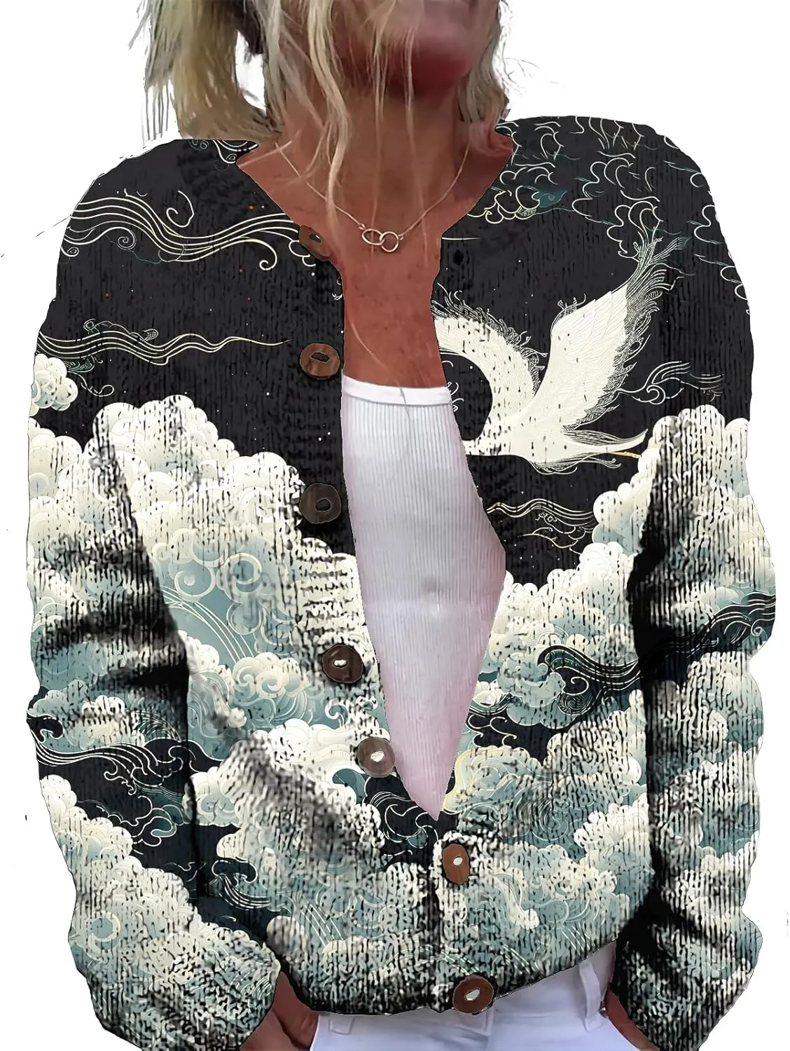 MARSVOVO Open Cardigan for Women Novelty Crane Octopus Print Vintage Japanese Art Button Down Knit Casual Coat