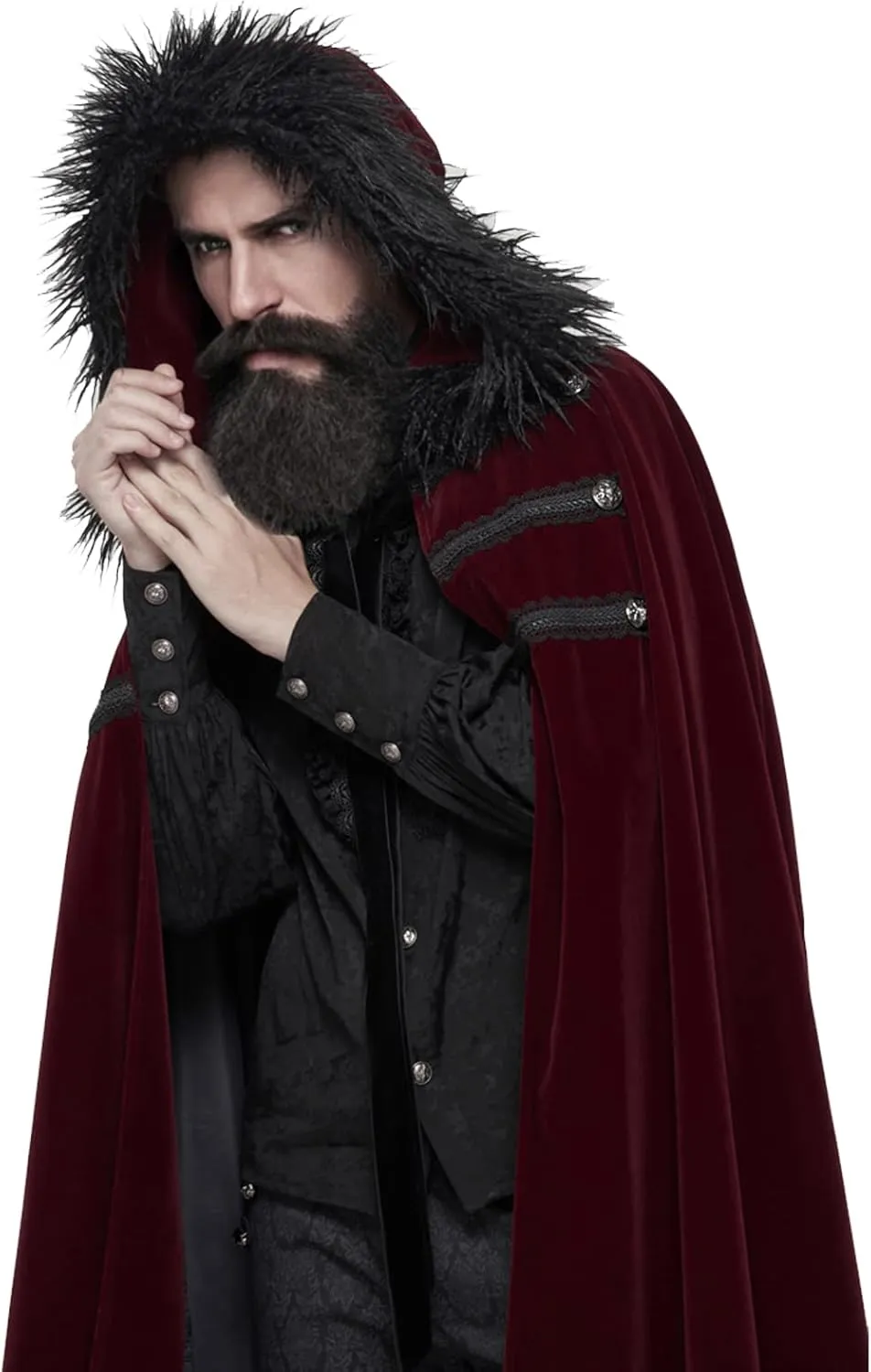 Medieval Hooded Cloak Robe Fur Collar Renaissance Kings Cape With Hood Gothic Halloween Sorcerer Costume
