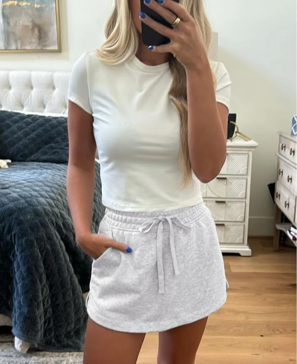 Melliflo Womens Summer Casual Lounge Shorts Workout Jersey Skort French Terry Drawstring Mini Skort with Pockets