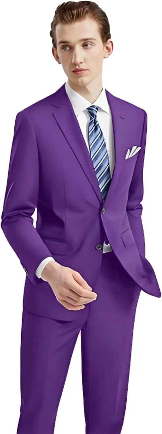 Men's 2 Piece Slim Fit Suit Set, Two Button Tuxedo for Wedding and Prom, Includes Blazer Jacket, Pants & Tie