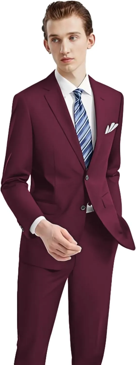 Men's 2 Piece Slim Fit Suit Set, Two Button Tuxedo for Wedding and Prom, Includes Blazer Jacket, Pants & Tie