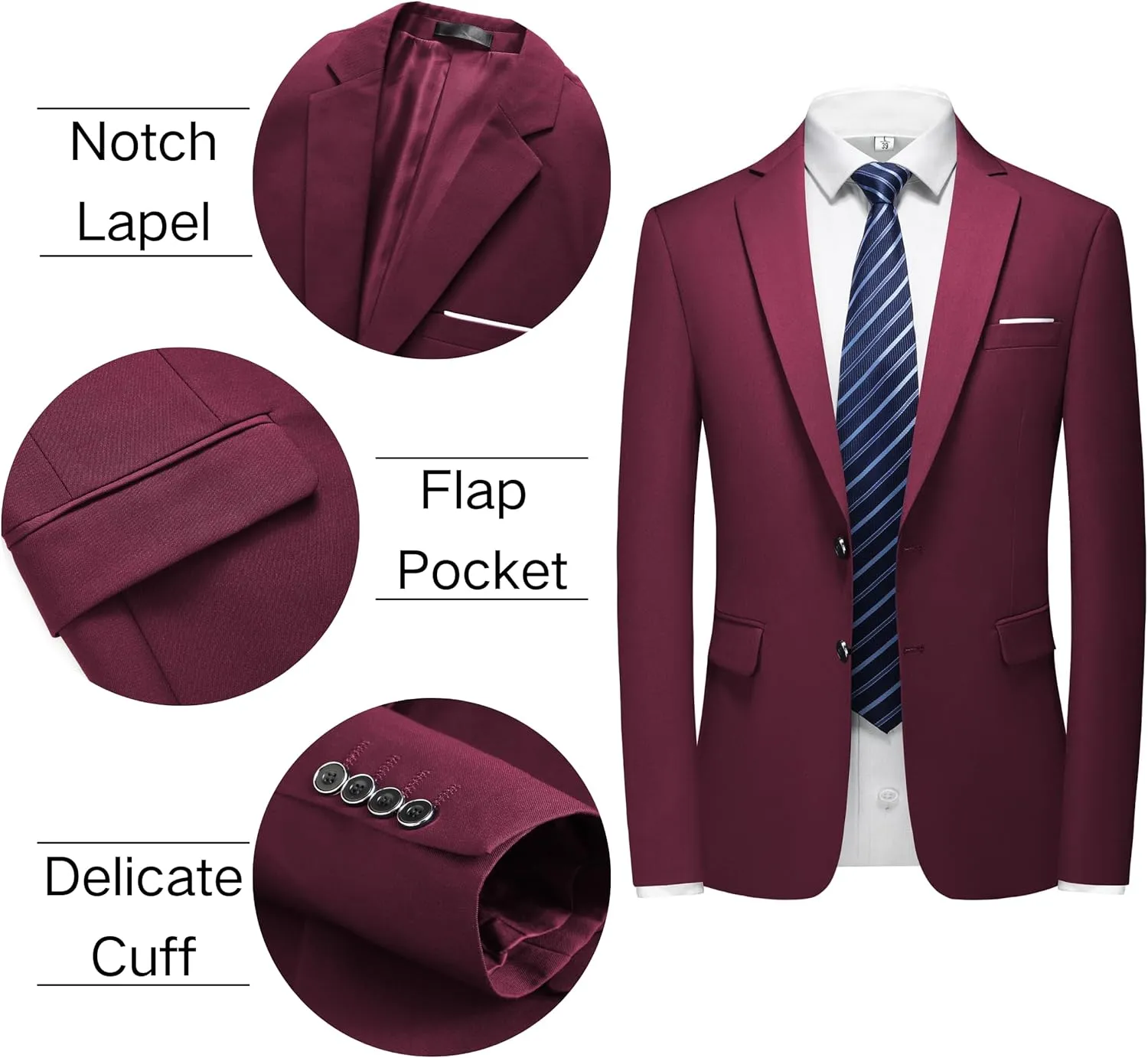 Men's 2 Piece Slim Fit Suit Set, Two Button Tuxedo for Wedding and Prom, Includes Blazer Jacket, Pants & Tie