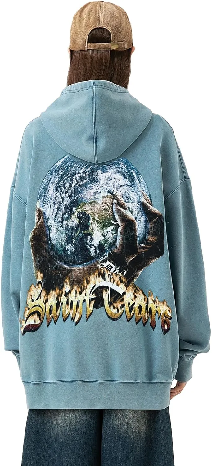 Mens Acid Wash Hoodie Oversized Hoodies Pullover Graphic Print Casual Hoodie Vintage Sweatshirt Streetwear Unisex