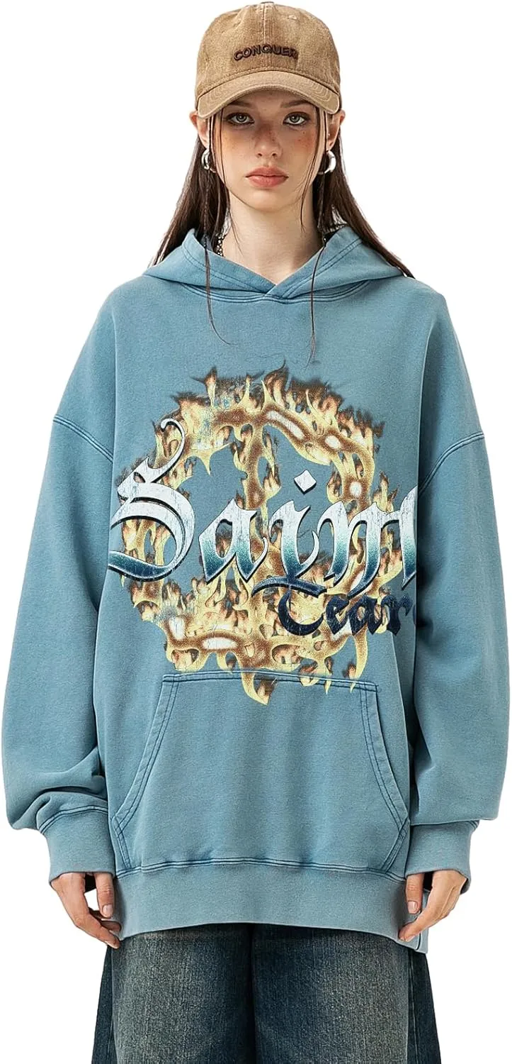 Mens Acid Wash Hoodie Oversized Hoodies Pullover Graphic Print Casual Hoodie Vintage Sweatshirt Streetwear Unisex