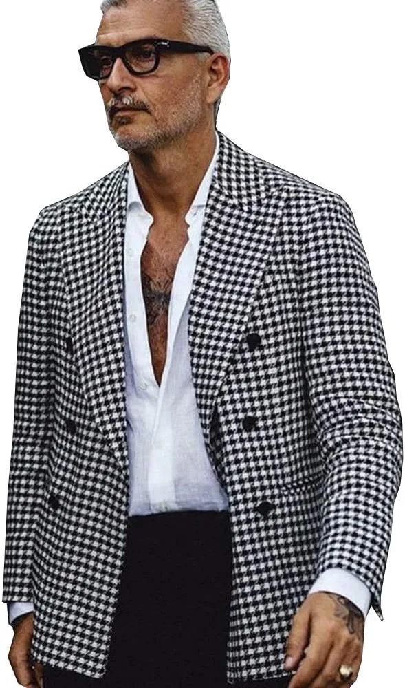 Men's Blazer Houndstooth Blazer Peak Lapel Double Breasted Suit Jacket Party Tuxedo Coat