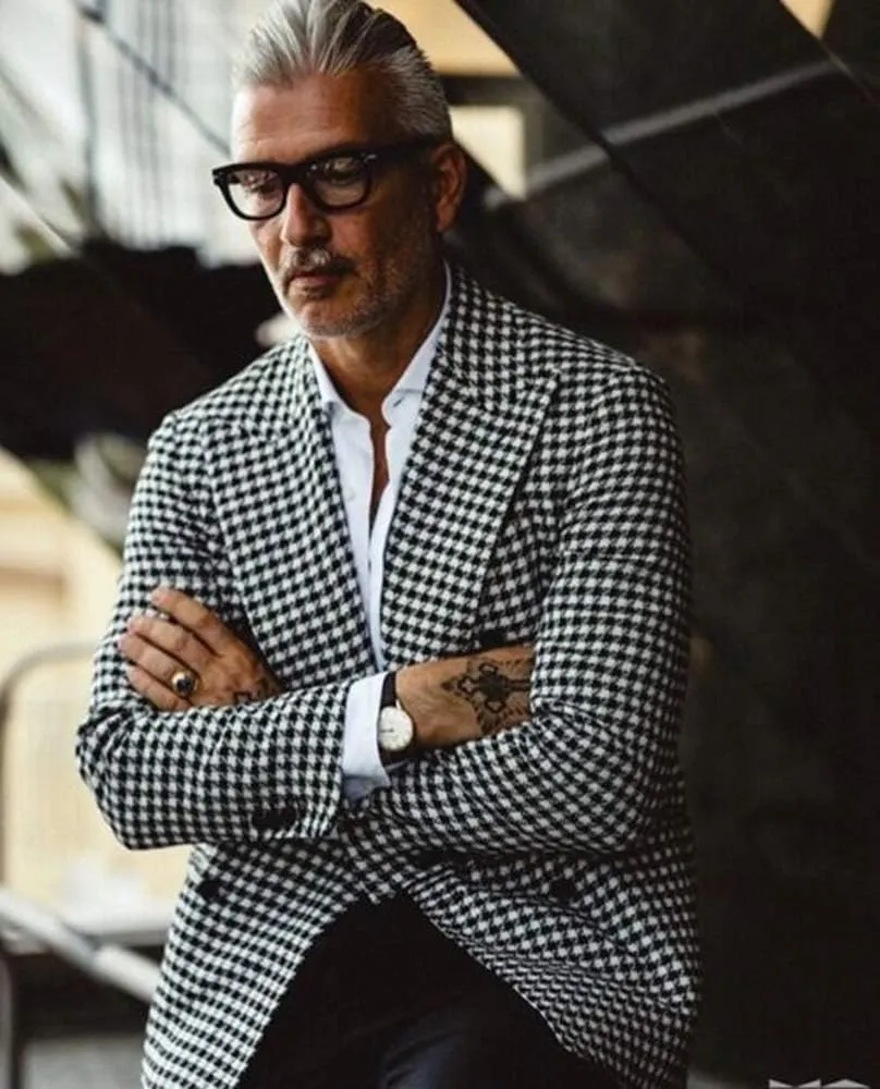 Men's Blazer Houndstooth Blazer Peak Lapel Double Breasted Suit Jacket Party Tuxedo Coat