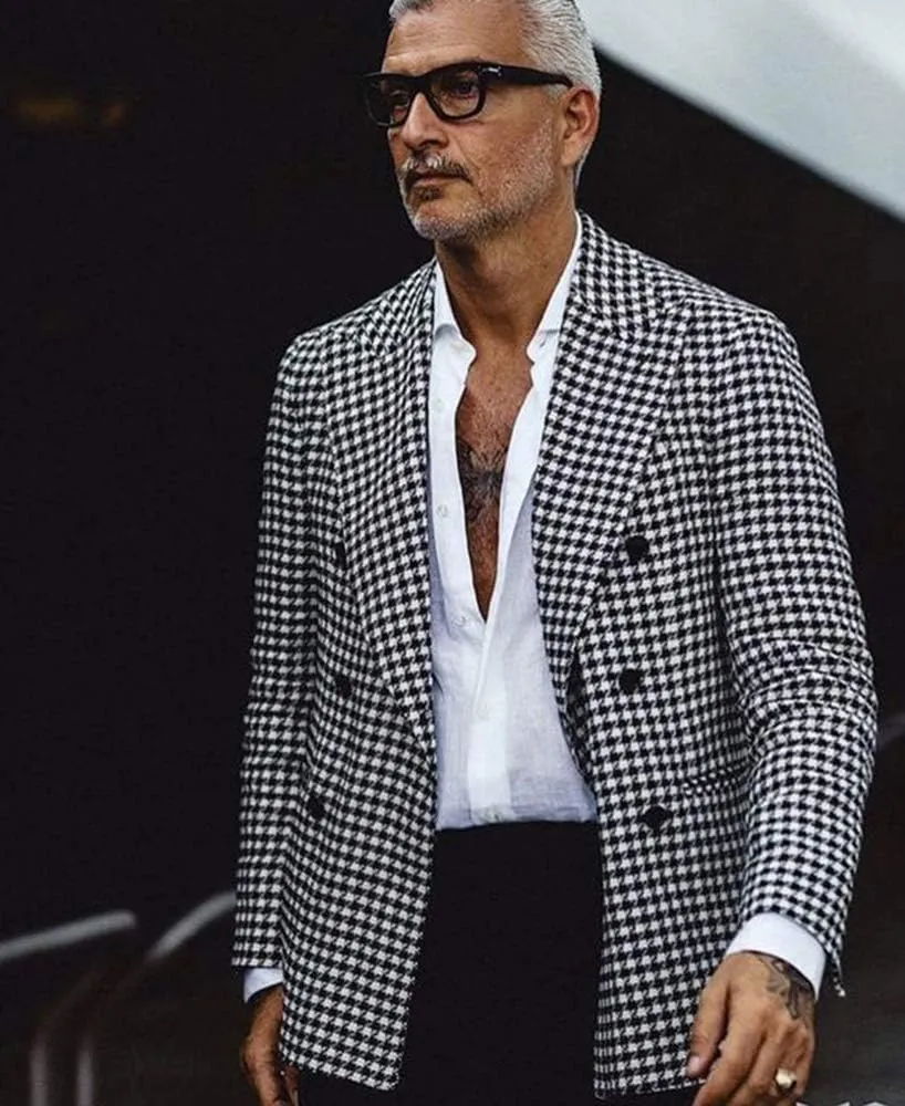 Men's Blazer Houndstooth Blazer Peak Lapel Double Breasted Suit Jacket Party Tuxedo Coat