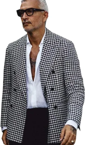 Men's Blazer Houndstooth Blazer Peak Lapel Double Breasted Suit Jacket Party Tuxedo Coat