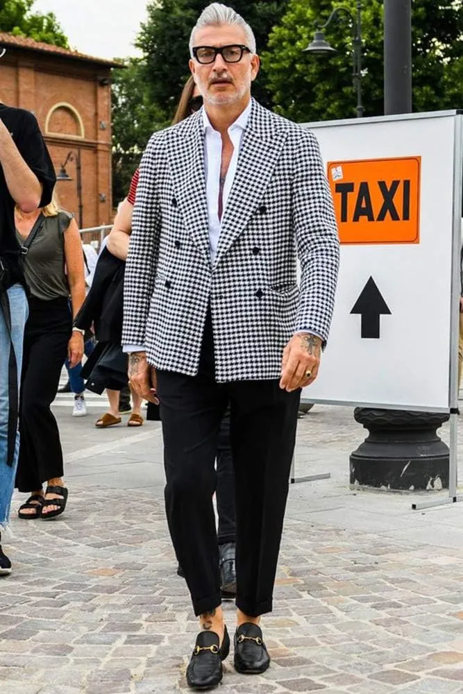 Men's Blazer Houndstooth Blazer Peak Lapel Double Breasted Suit Jacket Party Tuxedo Coat
