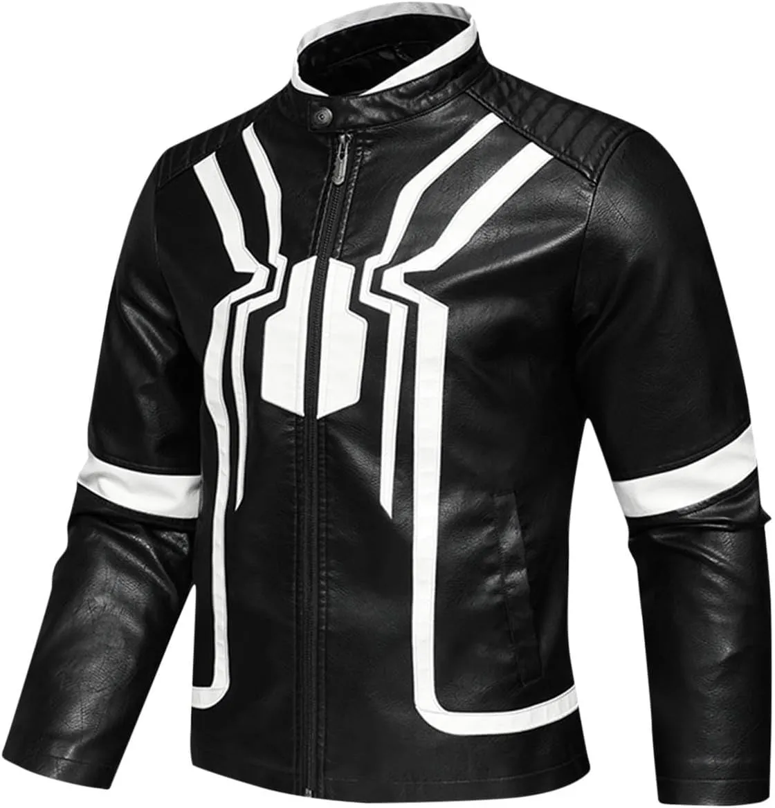Mens Faux Leather Motorcycle Jacket Long Sleeve Spider Graphic Full Zip Jacket Biker Bomber Jacket with Pockets