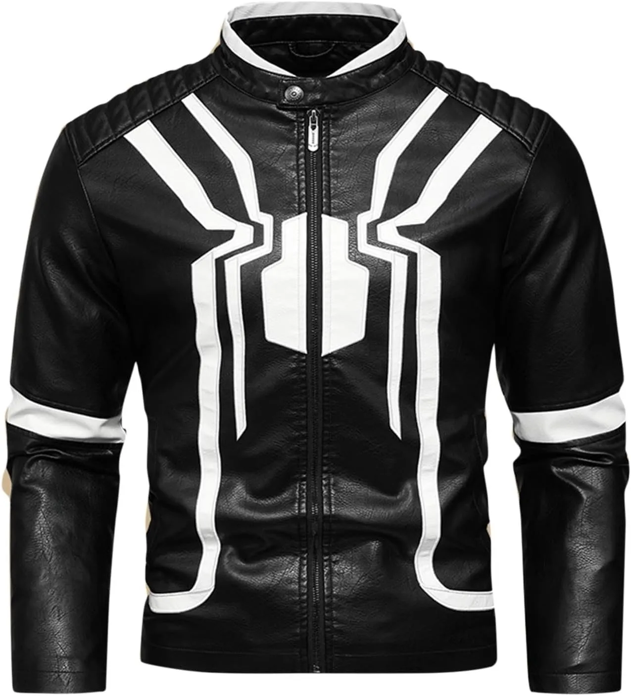 Mens Faux Leather Motorcycle Jacket Long Sleeve Spider Graphic Full Zip Jacket Biker Bomber Jacket with Pockets