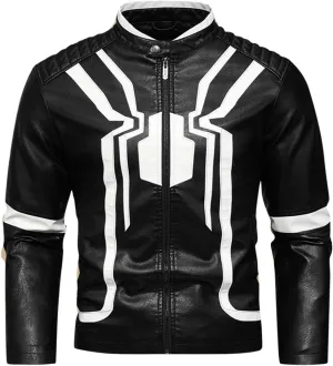 Mens Faux Leather Motorcycle Jacket Long Sleeve Spider Graphic Full Zip Jacket Biker Bomber Jacket with Pockets