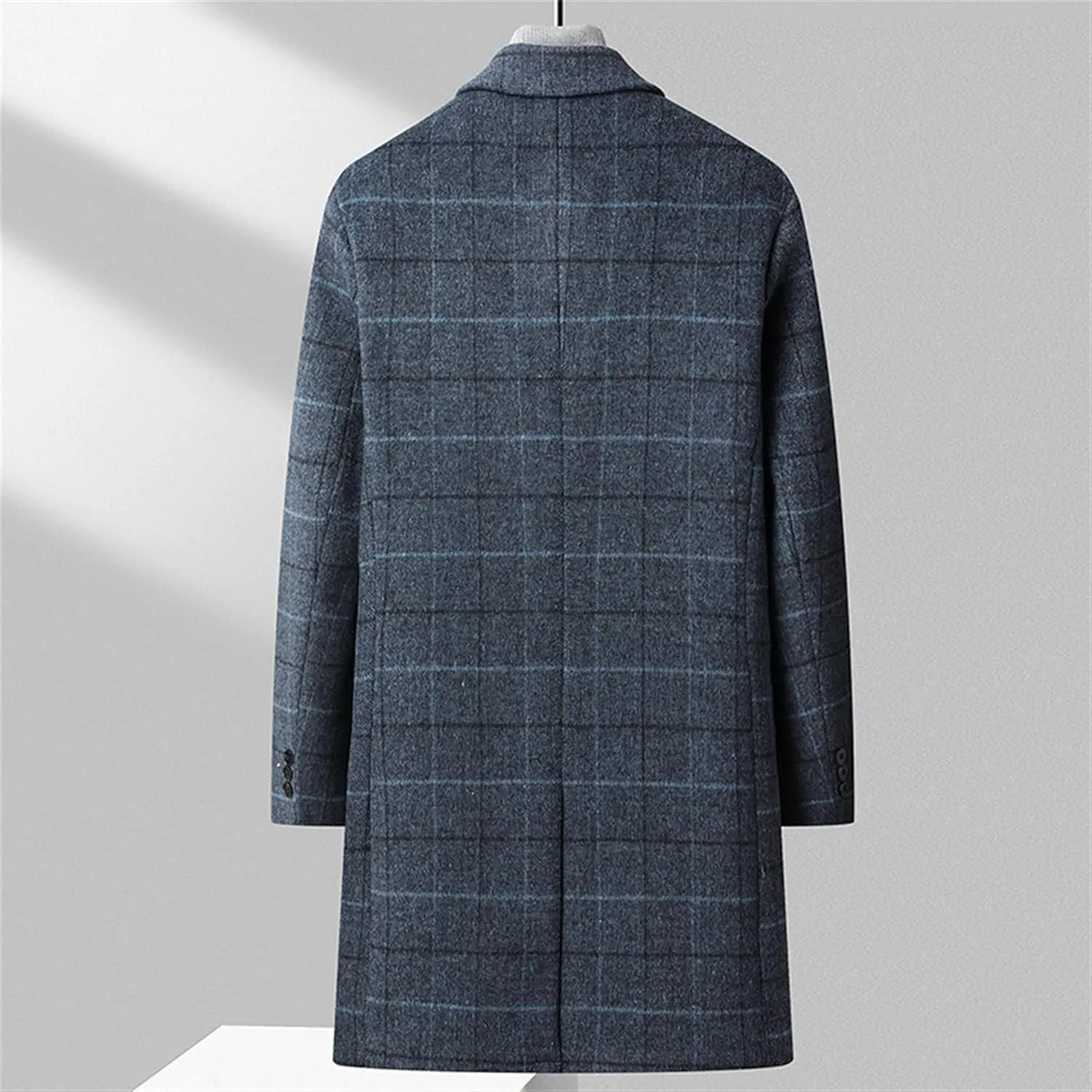 Men's Notched Collar Plaid Trench Coat Single Breasted Thermal Wool Blend Coat Formal Casual Pea Coat