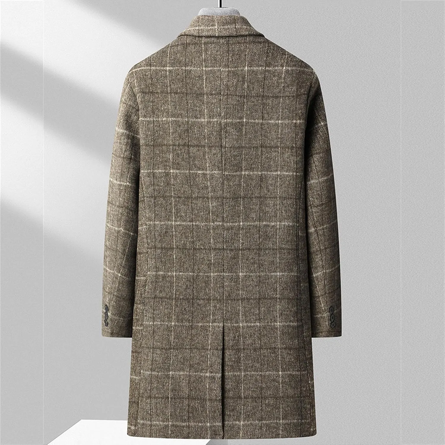 Men's Notched Collar Plaid Trench Coat Single Breasted Thermal Wool Blend Coat Formal Casual Pea Coat
