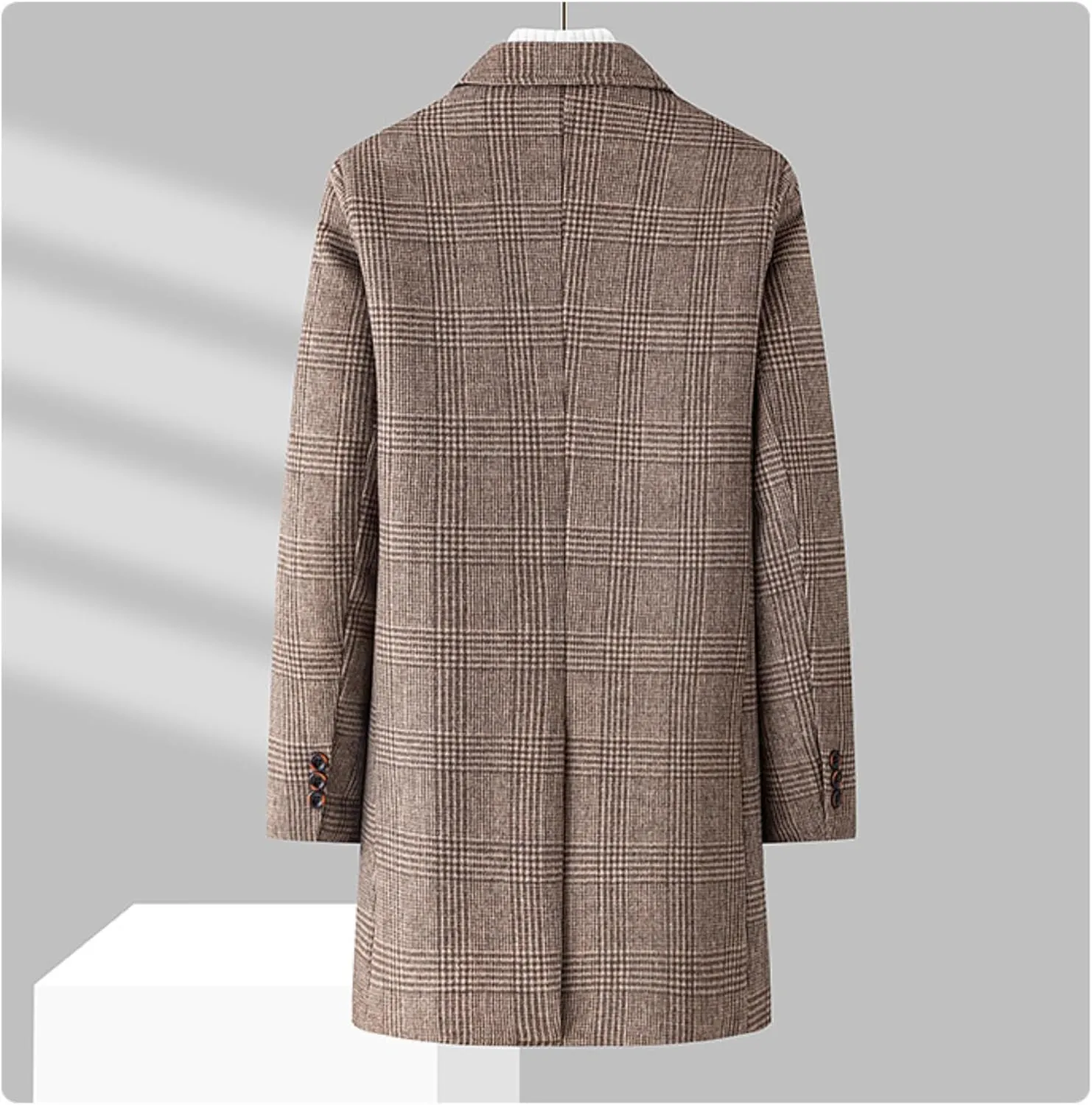 Men's Notched Collar Plaid Trench Coat Single Breasted Thermal Wool Blend Coat Formal Casual Pea Coat