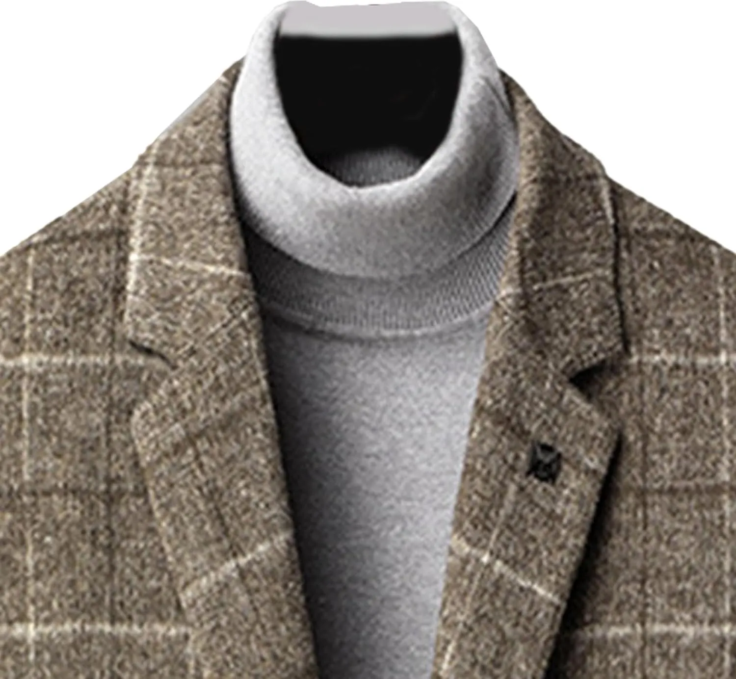 Men's Notched Collar Plaid Trench Coat Single Breasted Thermal Wool Blend Coat Formal Casual Pea Coat