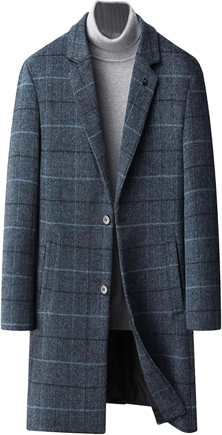 Men's Notched Collar Plaid Trench Coat Single Breasted Thermal Wool Blend Coat Formal Casual Pea Coat