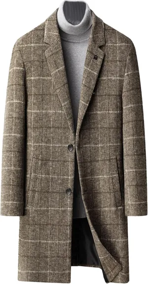 Men's Notched Collar Plaid Trench Coat Single Breasted Thermal Wool Blend Coat Formal Casual Pea Coat