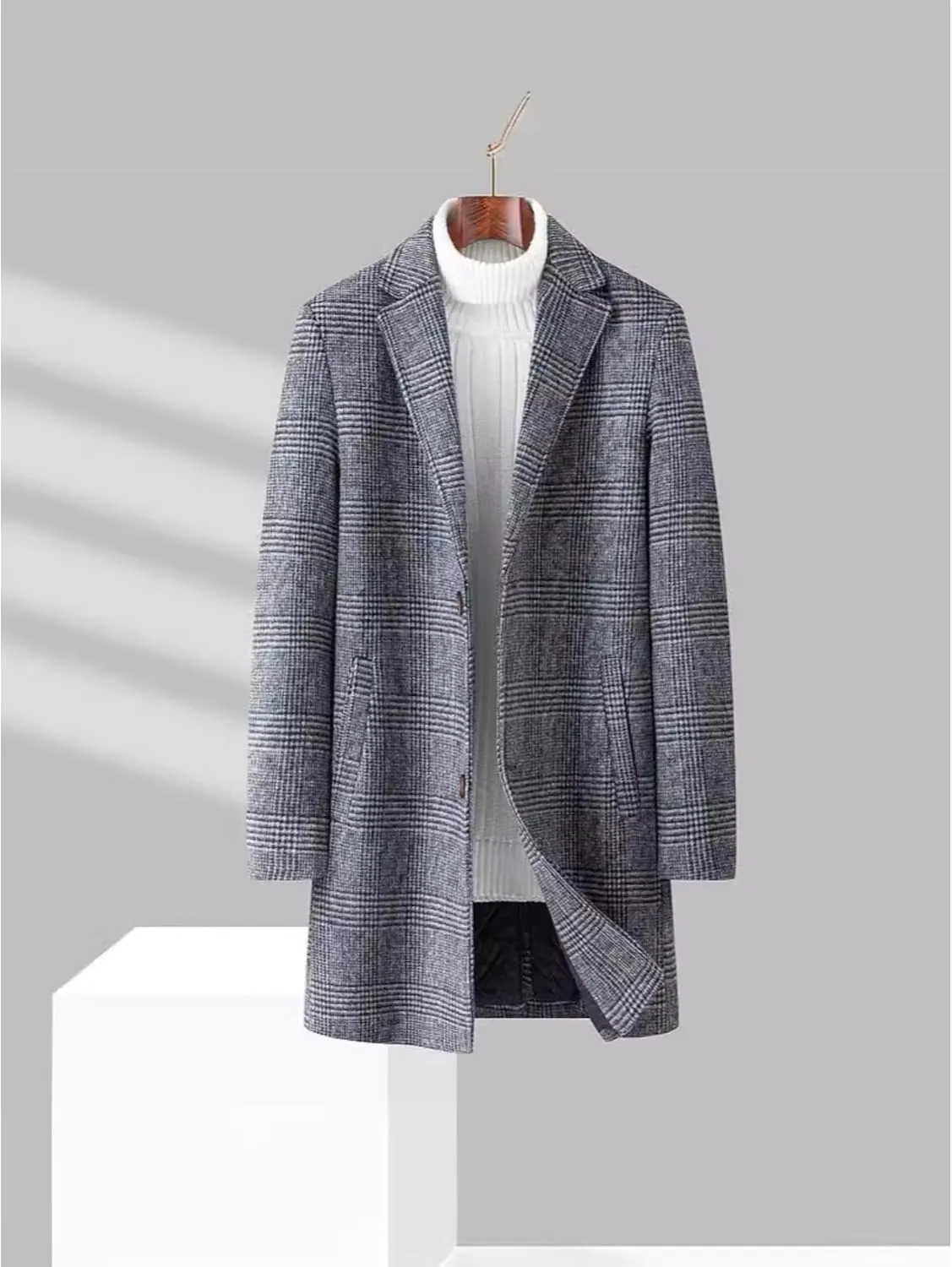 Men's Notched Collar Plaid Trench Coat Single Breasted Thermal Wool Blend Coat Formal Casual Pea Coat