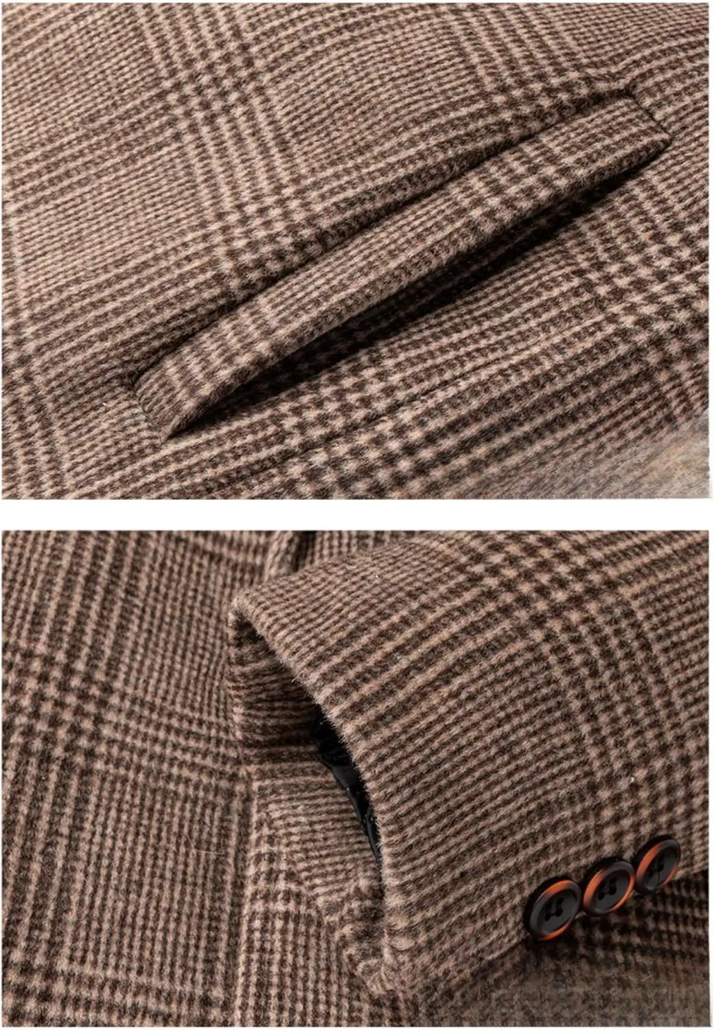 Men's Notched Collar Plaid Trench Coat Single Breasted Thermal Wool Blend Coat Formal Casual Pea Coat