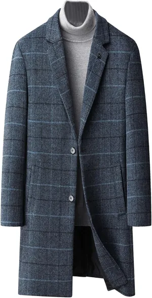 Men's Notched Collar Plaid Trench Coat Single Breasted Thermal Wool Blend Coat Formal Casual Pea Coat