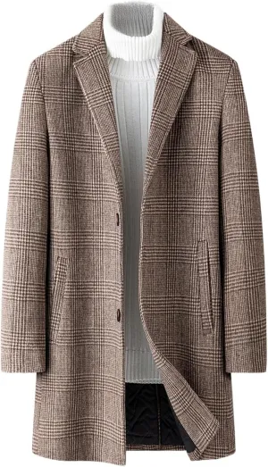 Men's Notched Collar Plaid Trench Coat Single Breasted Thermal Wool Blend Coat Formal Casual Pea Coat