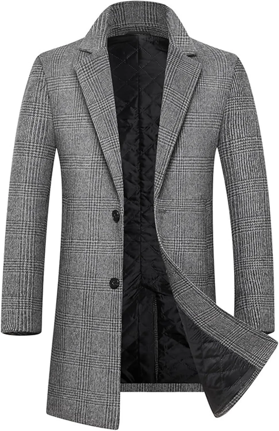 Men's Notched Collar Plaid Trench Coat Single Breasted Thermal Wool Blend Coat Formal Casual Pea Coat