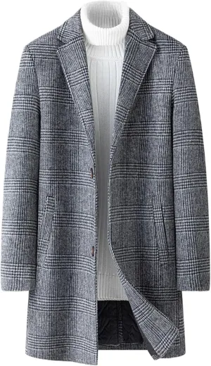 Men's Notched Collar Plaid Trench Coat Single Breasted Thermal Wool Blend Coat Formal Casual Pea Coat