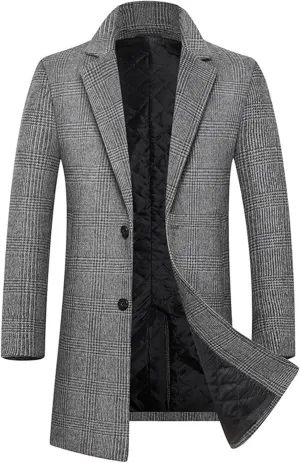 Men's Notched Collar Plaid Trench Coat Single Breasted Thermal Wool Blend Coat Formal Casual Pea Coat