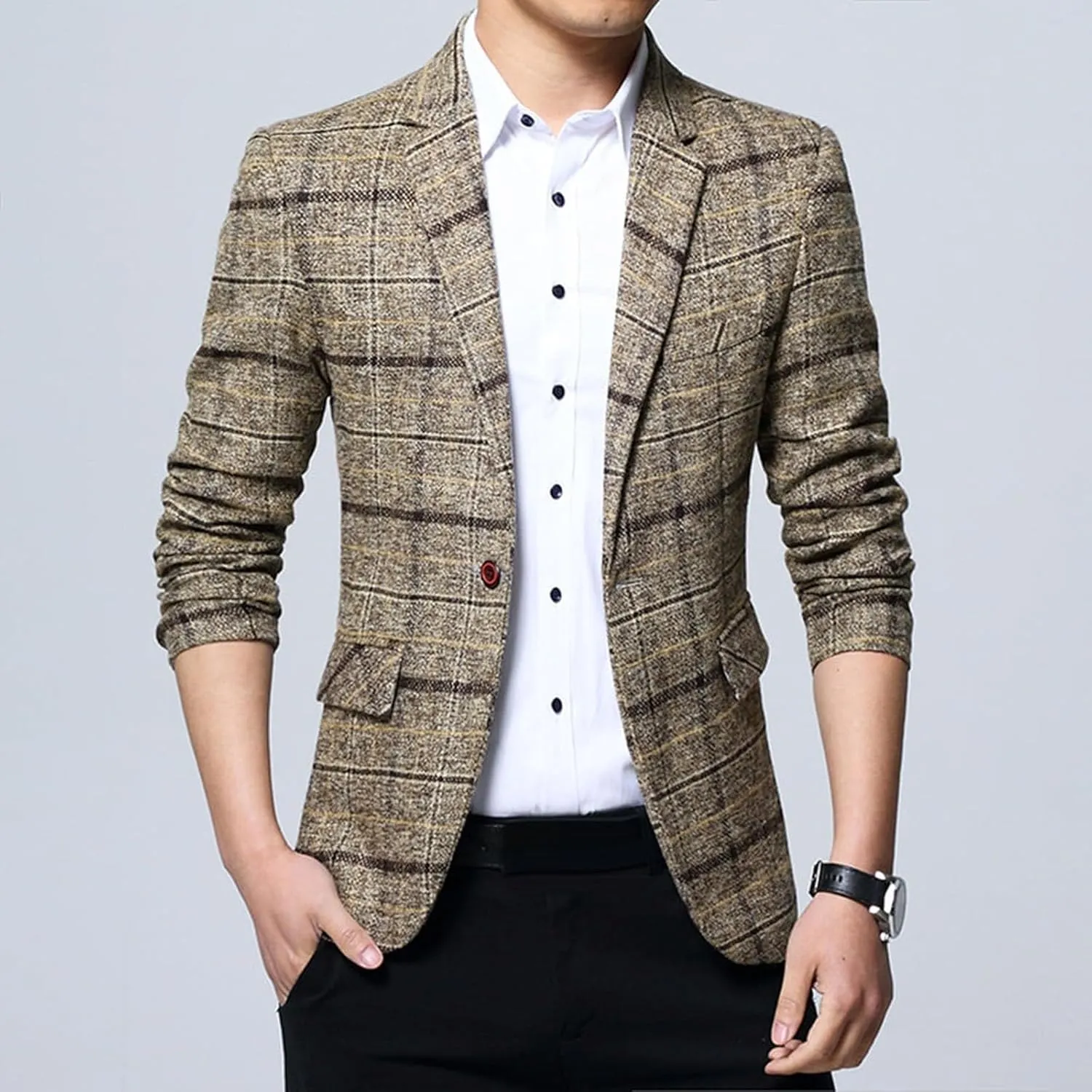 Men's Plaid Fleece Blazer Trendy Lapel Button Work Blazer Casual Slim Fit Business Suit Jacket for Wedding