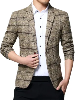 Men's Plaid Fleece Blazer Trendy Lapel Button Work Blazer Casual Slim Fit Business Suit Jacket for Wedding