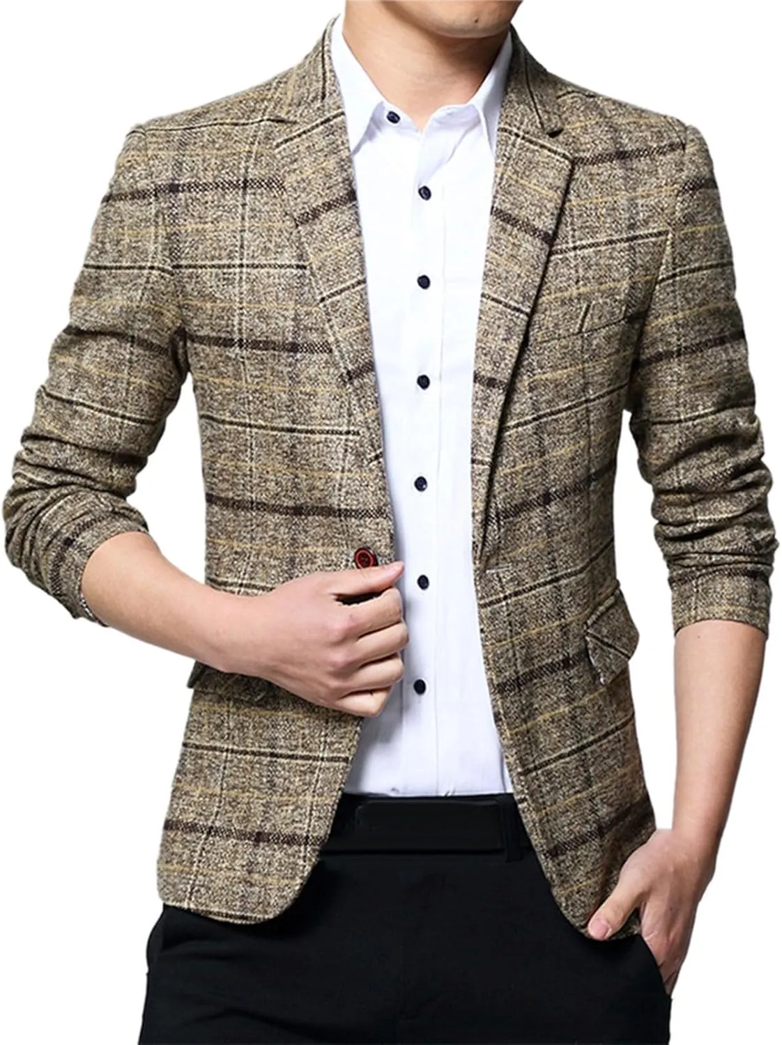 Men's Plaid Fleece Blazer Trendy Lapel Button Work Blazer Casual Slim Fit Business Suit Jacket for Wedding