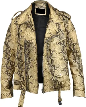 Men's Python Print Leather Jacket - Soft Sheepskin Python Pattern Zipper Biker Style Jacket For Men