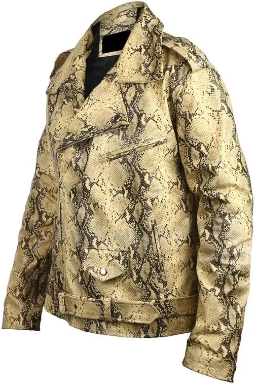 Men's Python Print Leather Jacket - Soft Sheepskin Python Pattern Zipper Biker Style Jacket For Men