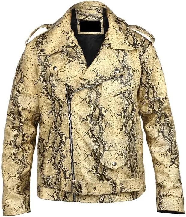 Men's Python Print Leather Jacket - Soft Sheepskin Python Pattern Zipper Biker Style Jacket For Men