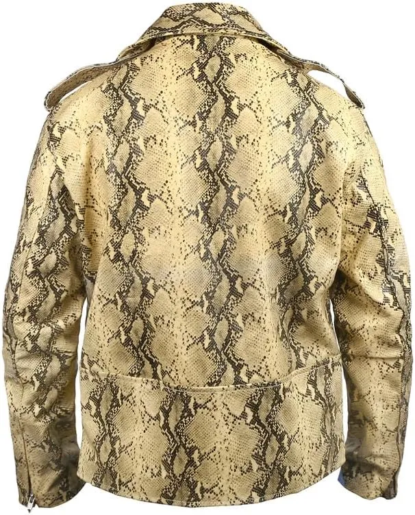 Men's Python Print Leather Jacket - Soft Sheepskin Python Pattern Zipper Biker Style Jacket For Men