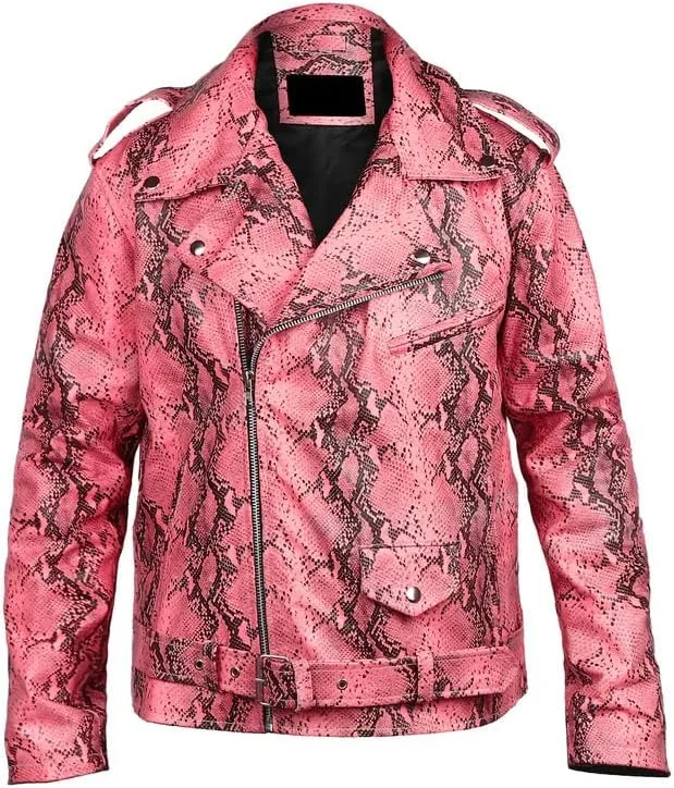 Men's Python Print Leather Jacket - Soft Sheepskin Python Pattern Zipper Biker Style Jacket For Men