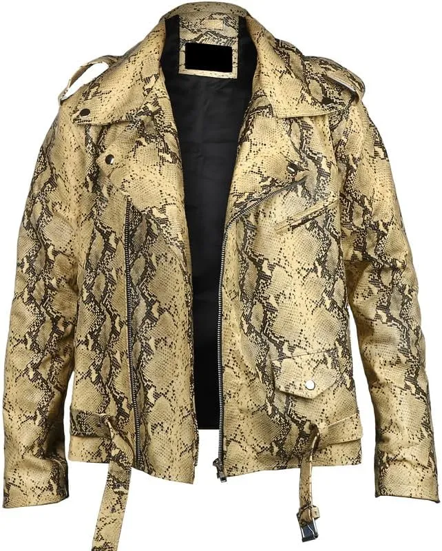 Men's Python Print Leather Jacket - Soft Sheepskin Python Pattern Zipper Biker Style Jacket For Men