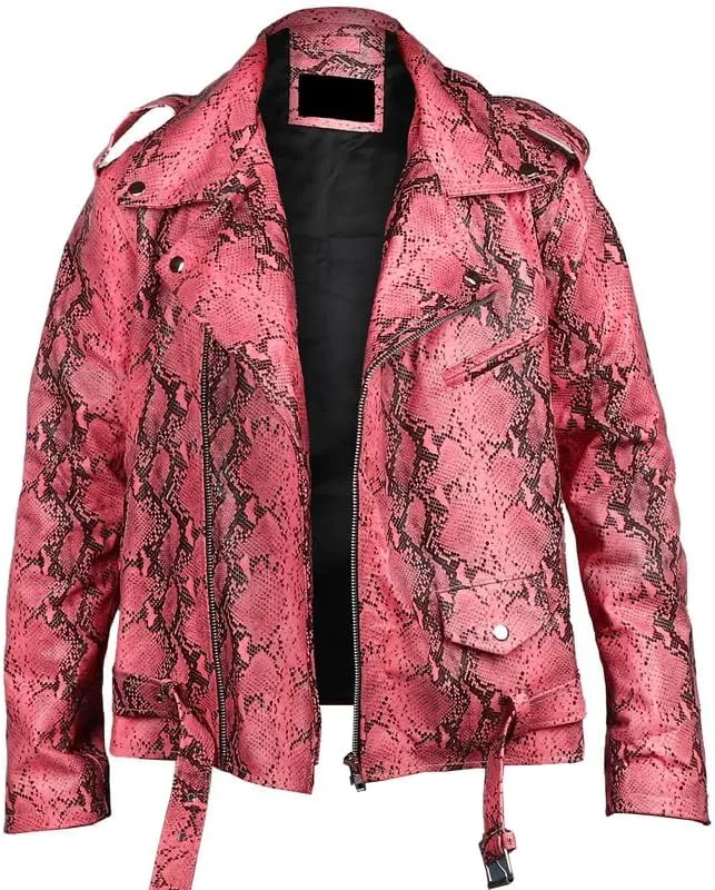 Men's Python Print Leather Jacket - Soft Sheepskin Python Pattern Zipper Biker Style Jacket For Men