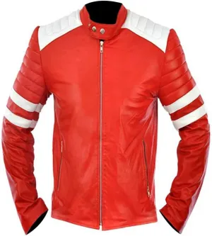 Mens Red and White Tyler Durden Biker Club Faux Leather Jacket