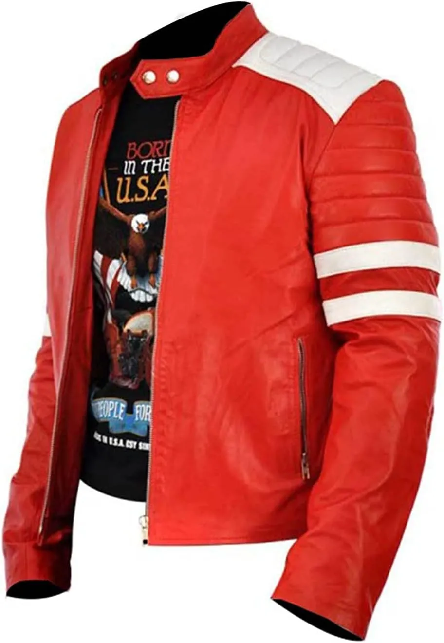 Mens Red and White Tyler Durden Biker Club Faux Leather Jacket