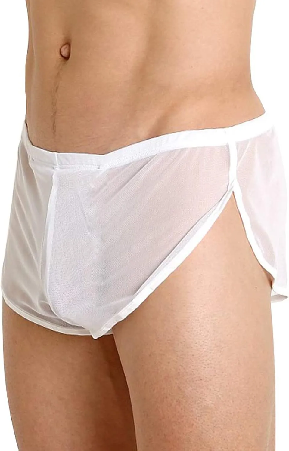 Men's Sexy Underwear Mesh Sheer Breathable Boxer Briefs with Large Split Low Rise See Through Solid Color Underpants